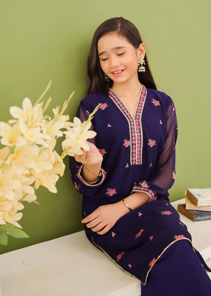 Modest - Chiffon Embroidered Suit For Girl - Blue - 3 Piece