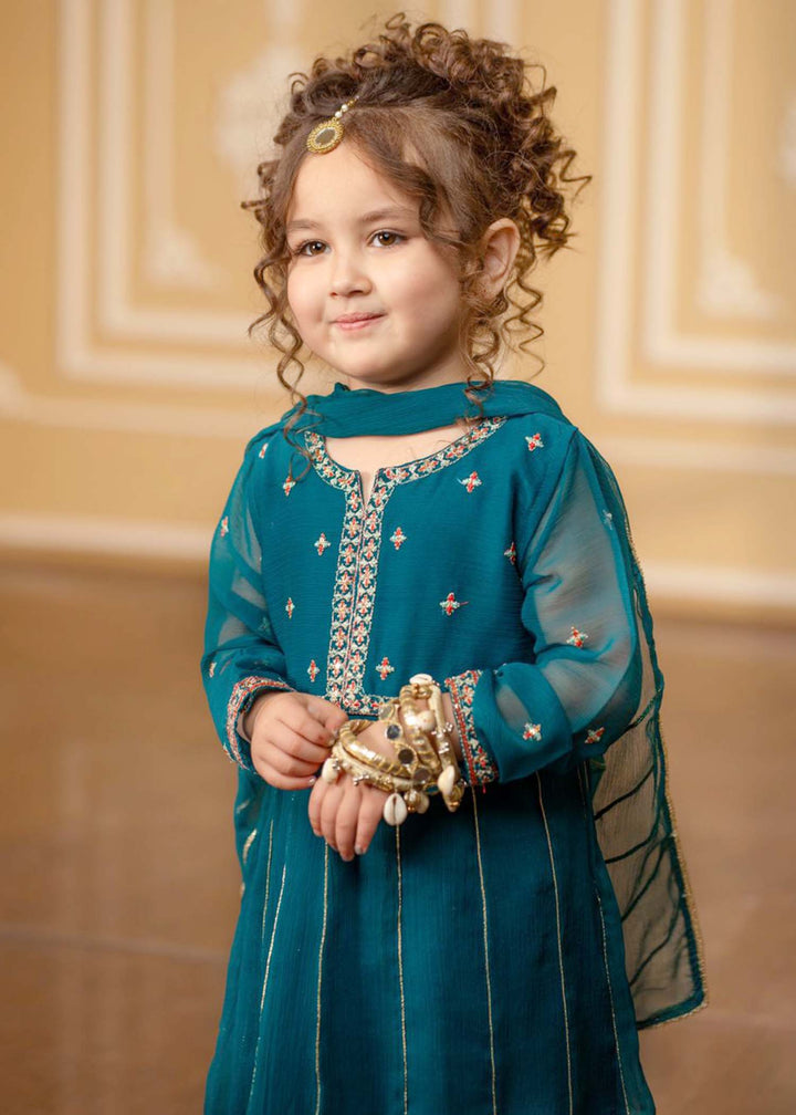 Modest - Embroidered Chiffon Suit For Girl - Teal Blue - 3 Piece