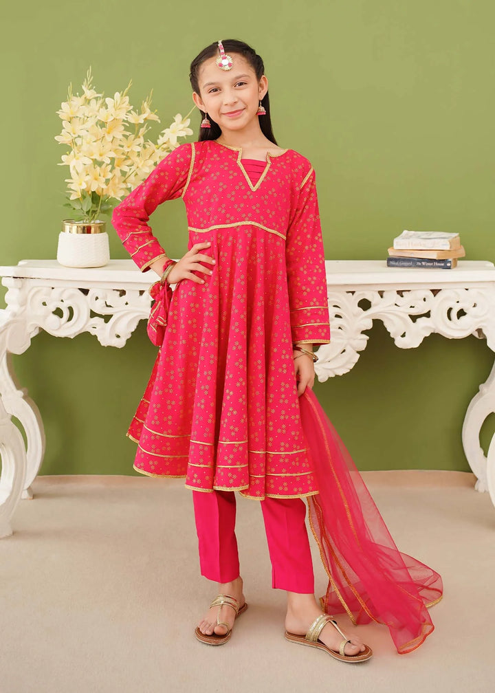 Modest - Cotton Printed Suit For Girl - Pink - 3 Piece