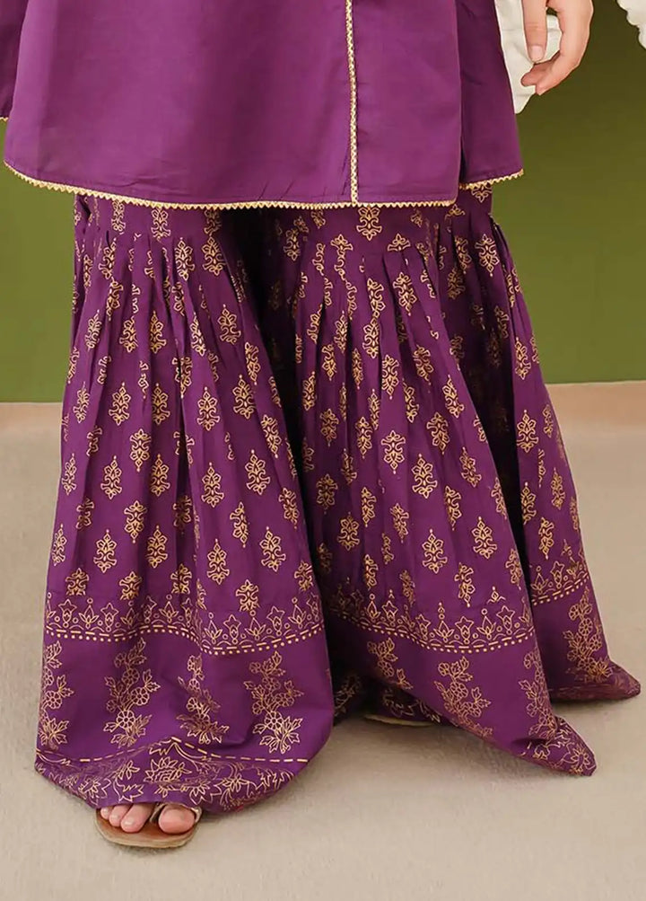 Modest - Cotton Printed Gharara For Girl - Purple - 3 Piece