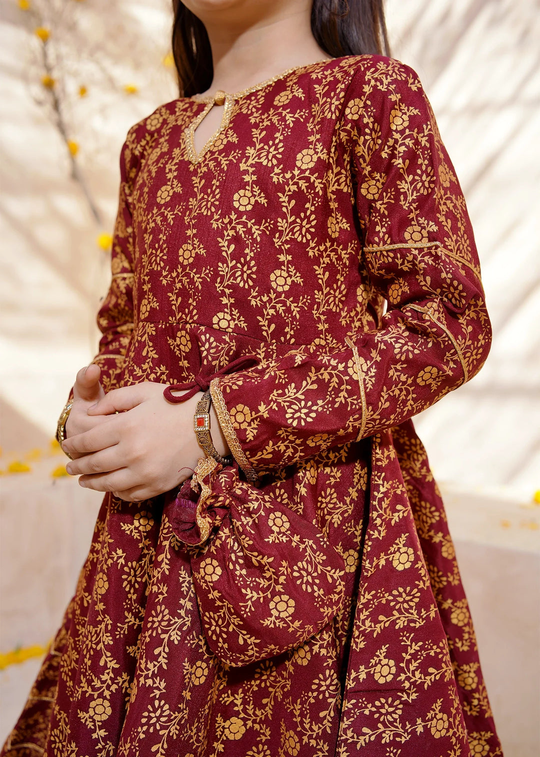 Modest - Rawsilk Printed Frock For Girl - Maroon - 3 Piece
