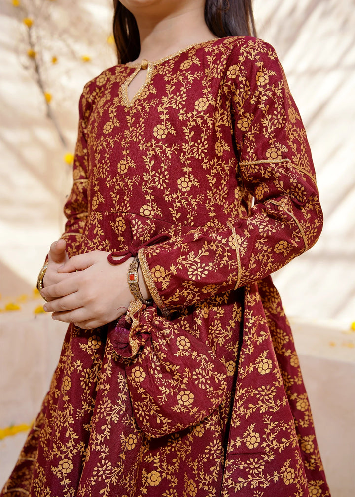 Modest - Rawsilk Printed Frock For Girl - Maroon - 3 Piece