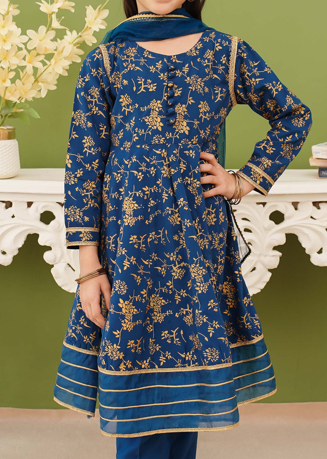 Modest - Cotton Printed Suit For Girl - Blue - 3 Piece