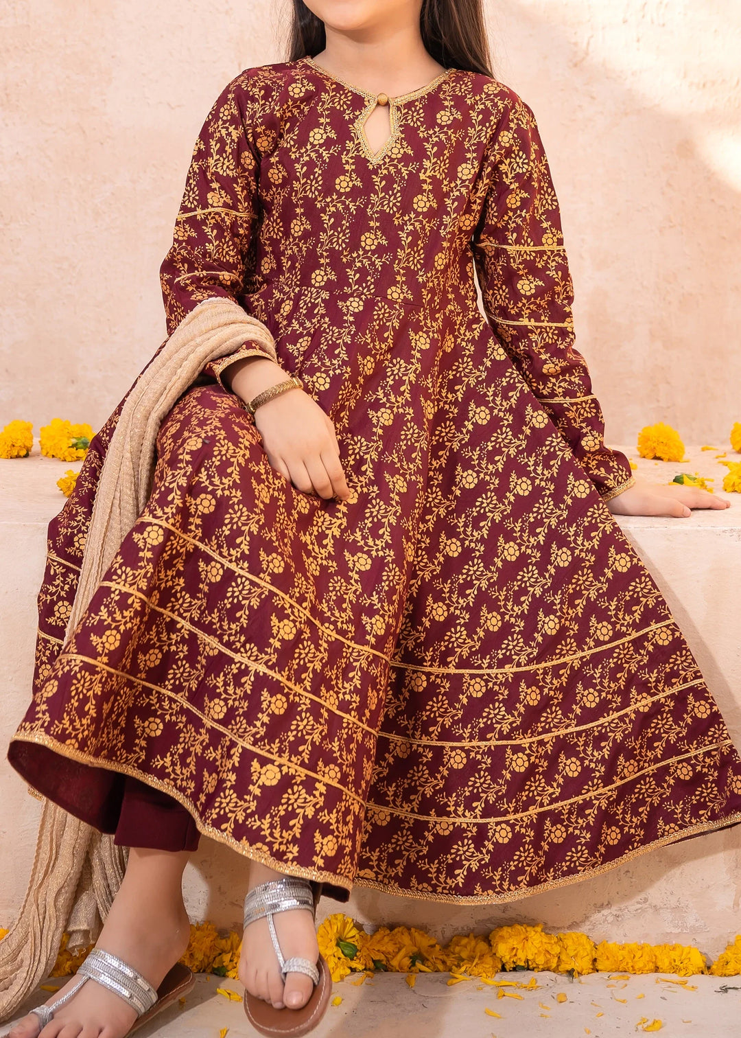 Modest - Rawsilk Printed Frock For Girl - Maroon - 3 Piece