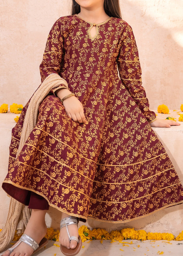 Modest - Rawsilk Printed Frock For Girl - Maroon - 3 Piece