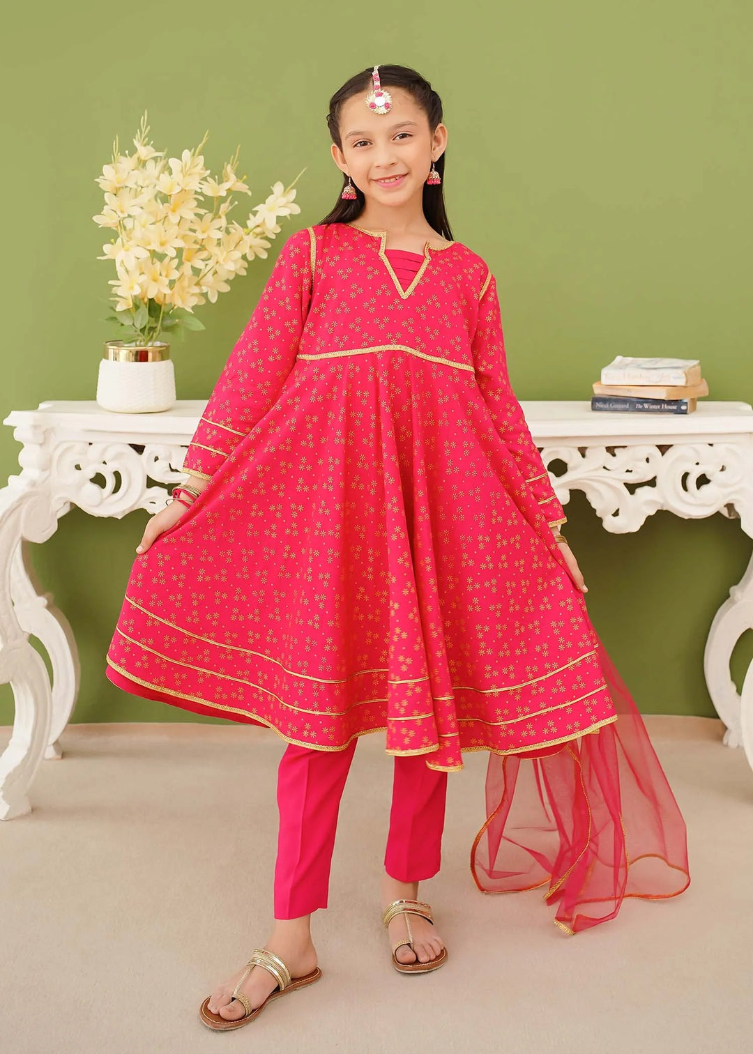 Modest - Cotton Printed Suit For Girl - Pink - 3 Piece