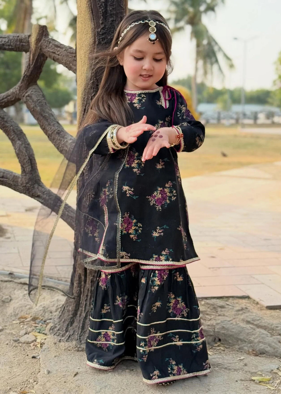 Modest - Printed Rawsilk Dress For Girl - Black - 3 Piece
