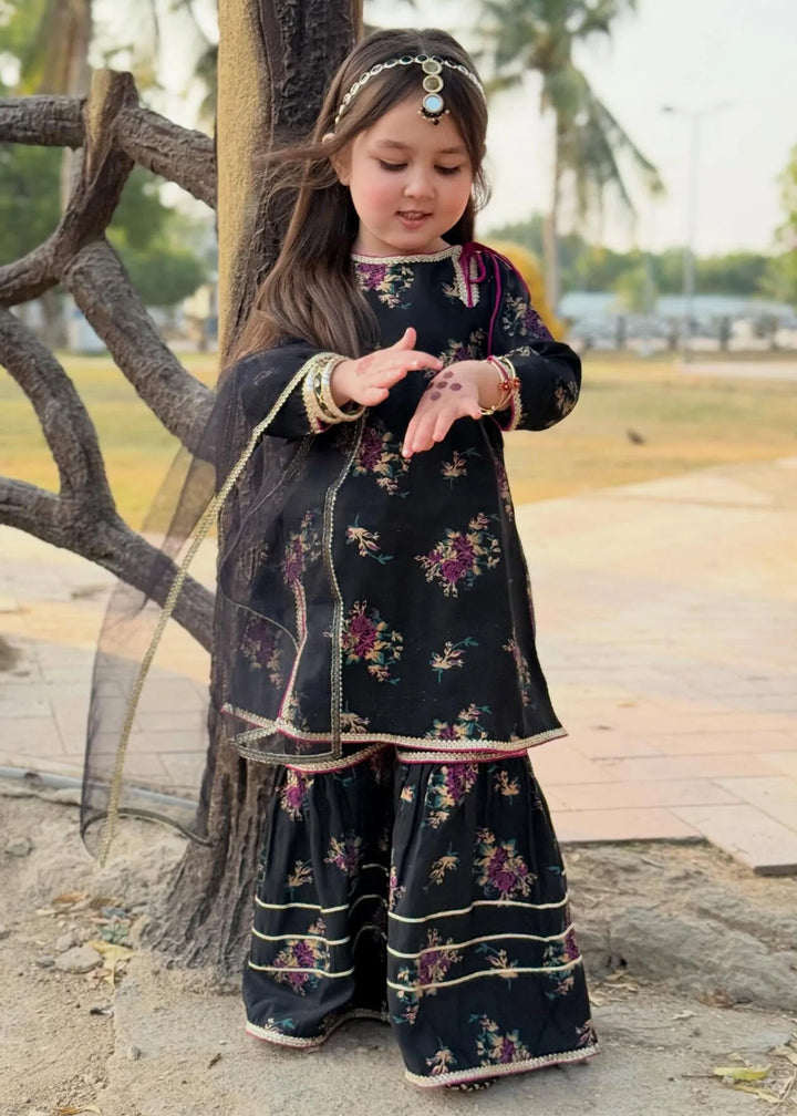 Modest - Printed Rawsilk Dress For Girl - Black - 3 Piece