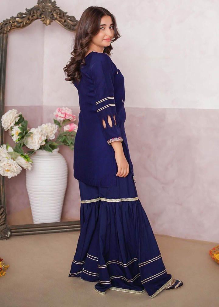 Modest - Chiffon Embroidered Gharara Suit For Girl - Blue - 3 Piece