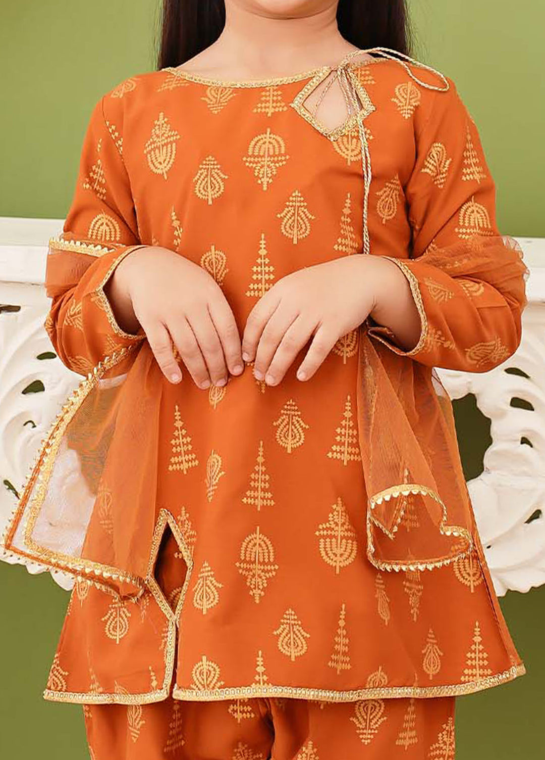 Modest - Printed Mustard Linen Gharara - Girls 3 Piece Suit