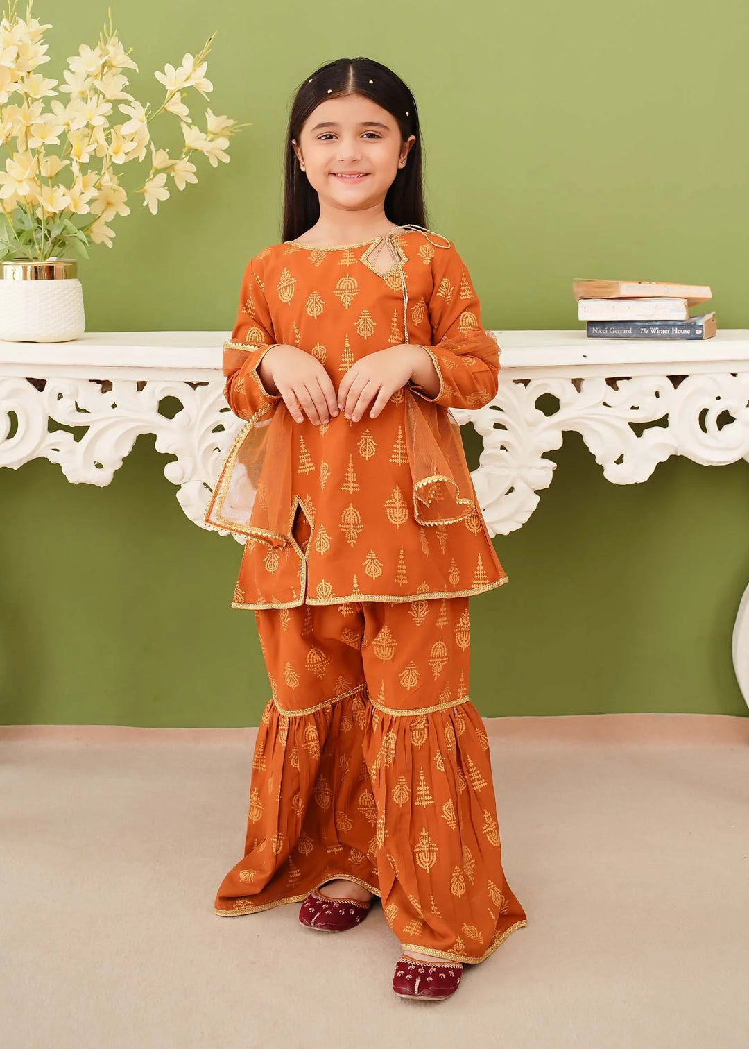 Modest - Cotton Printed Gharara For Girl - Mustard - 3 Piece