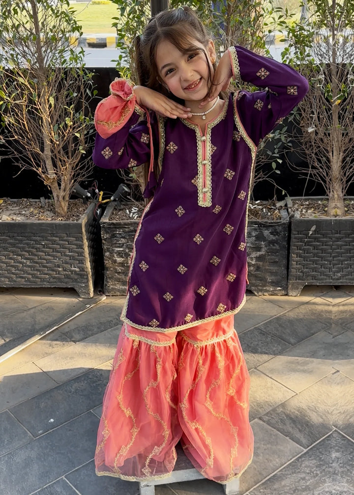 Modest - Rawsilk Embroidered Gharara For Girl - Purple - 3 Piece