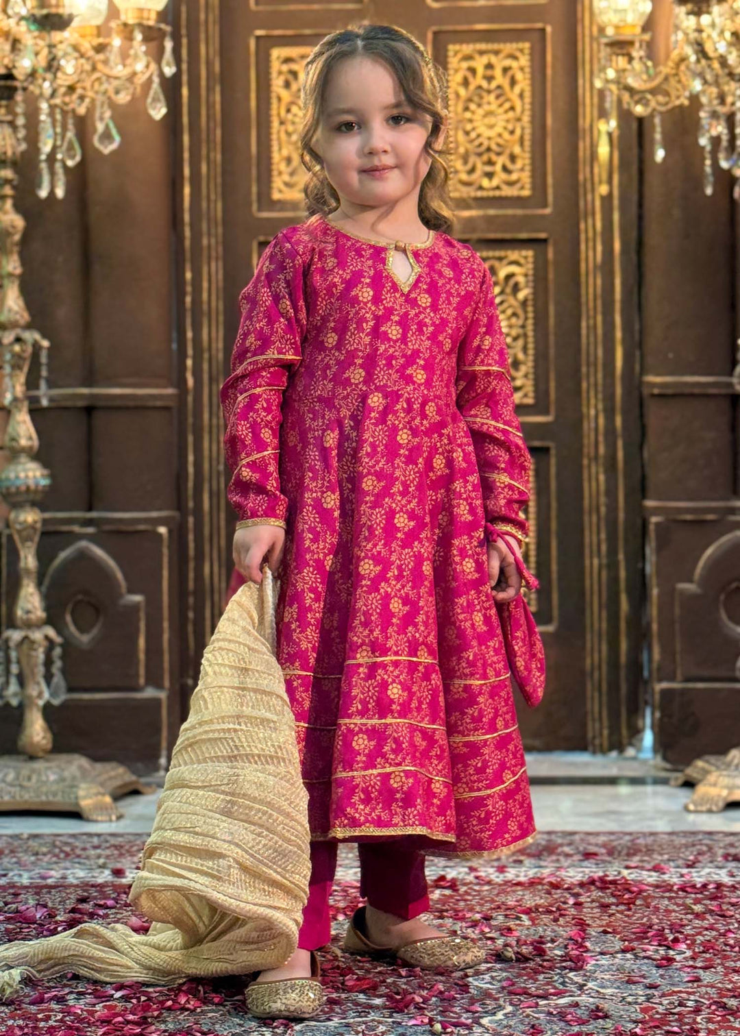 Modest - Rawsilk Printed Frock For Girl - Pink - 3 Piece