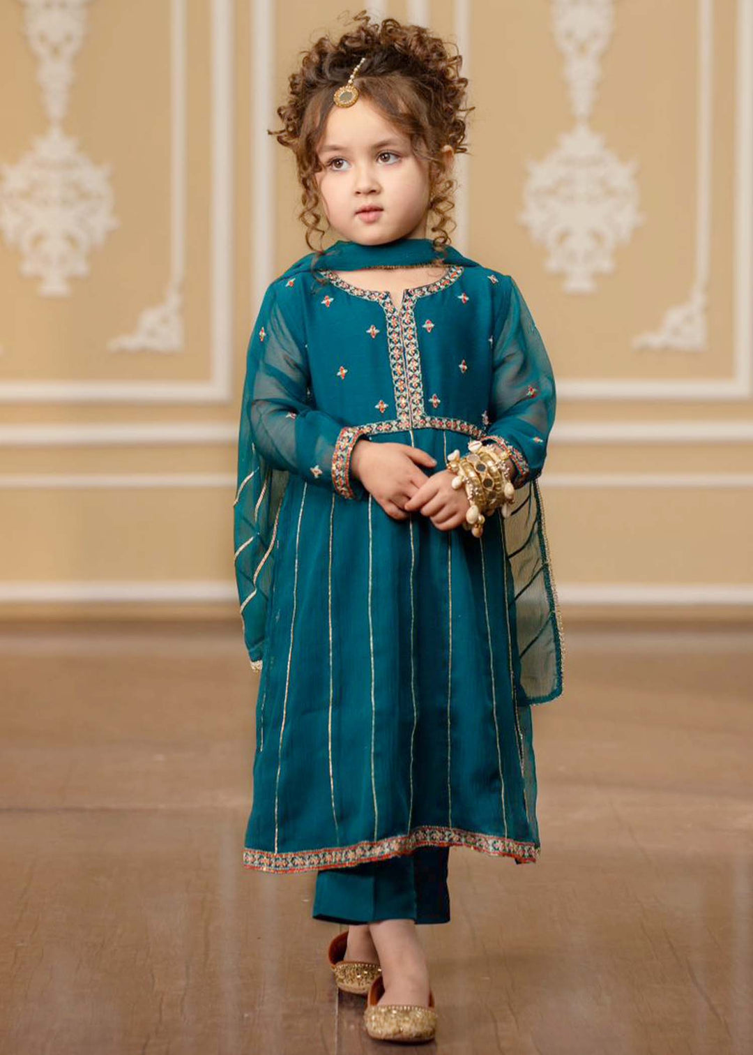 Modest - Embroidered Chiffon Suit For Girl - Teal Blue - 3 Piece