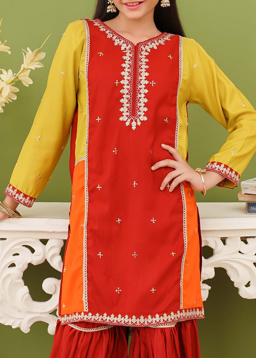 Modest - Rawsilk Embroidered Gharara For Girl - Multi - 3 Piece