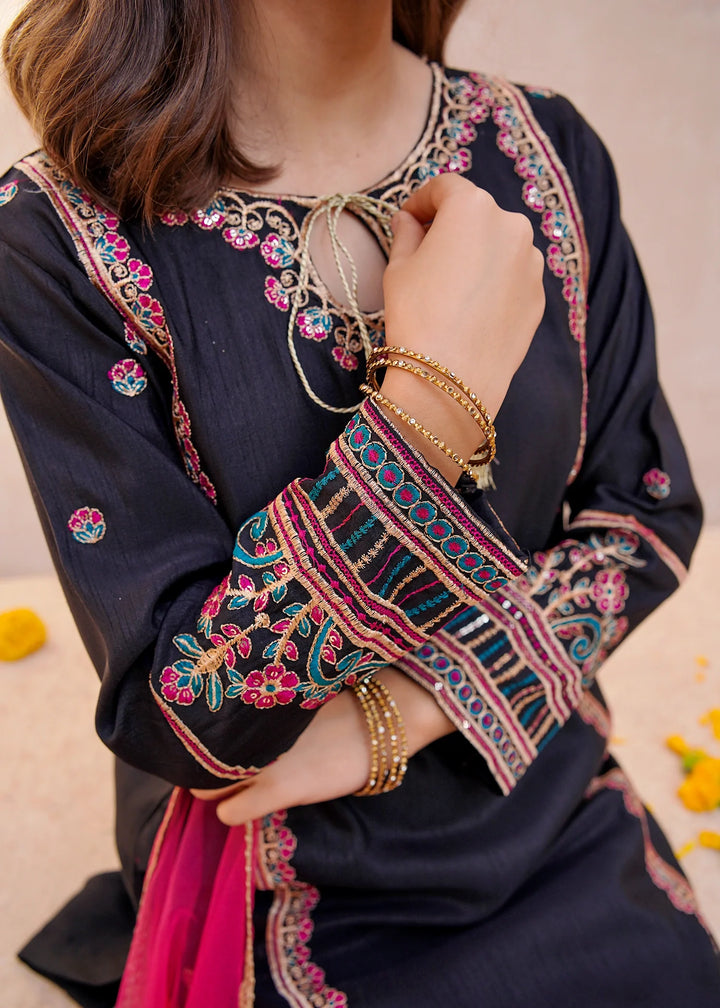 Modest - Rawsilk Embroidered Gharara For Girl - Black - 3 Piece