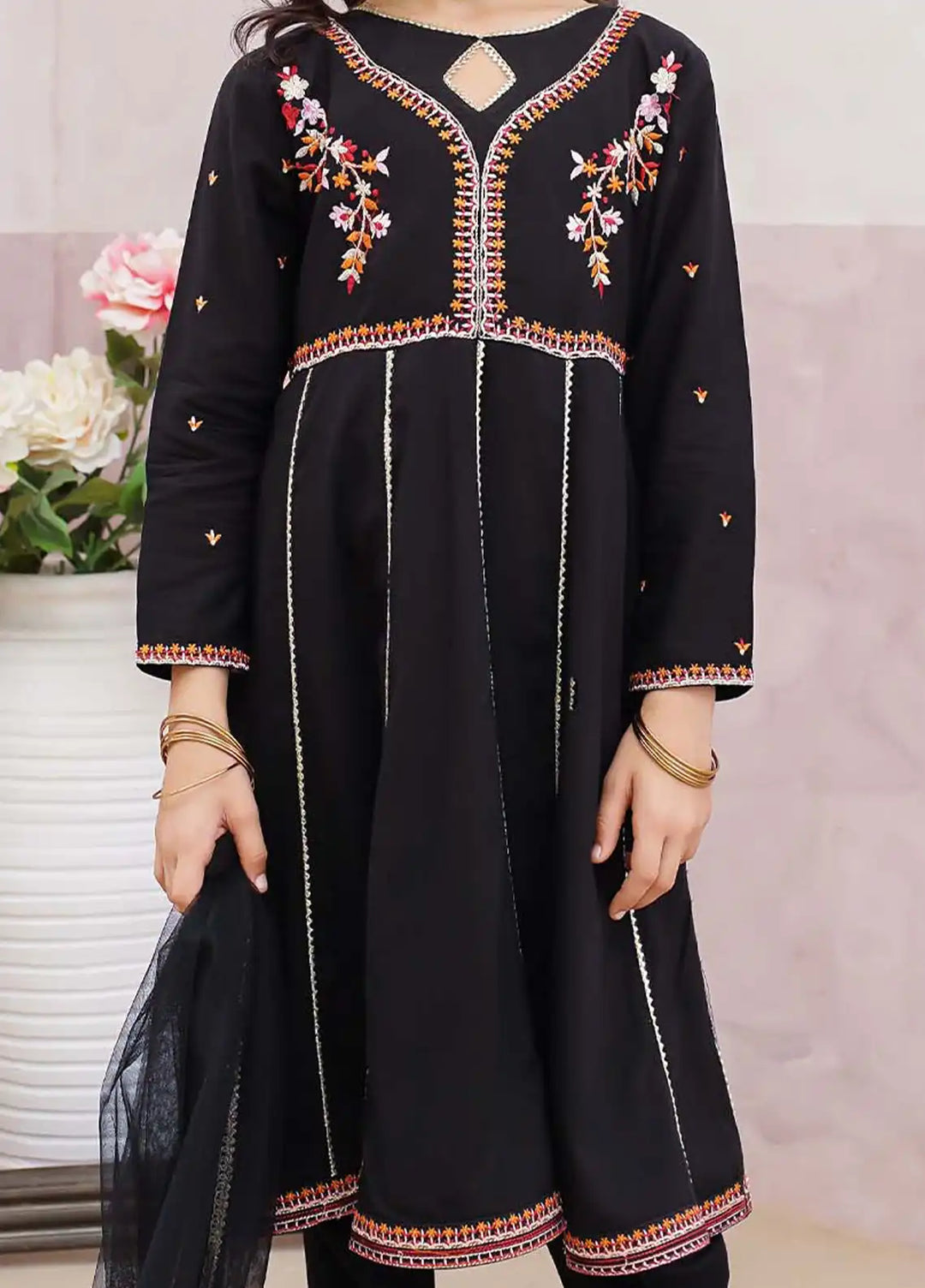 Modest - Cotton Embroidered Suit For Girl - Black - 3 Piece