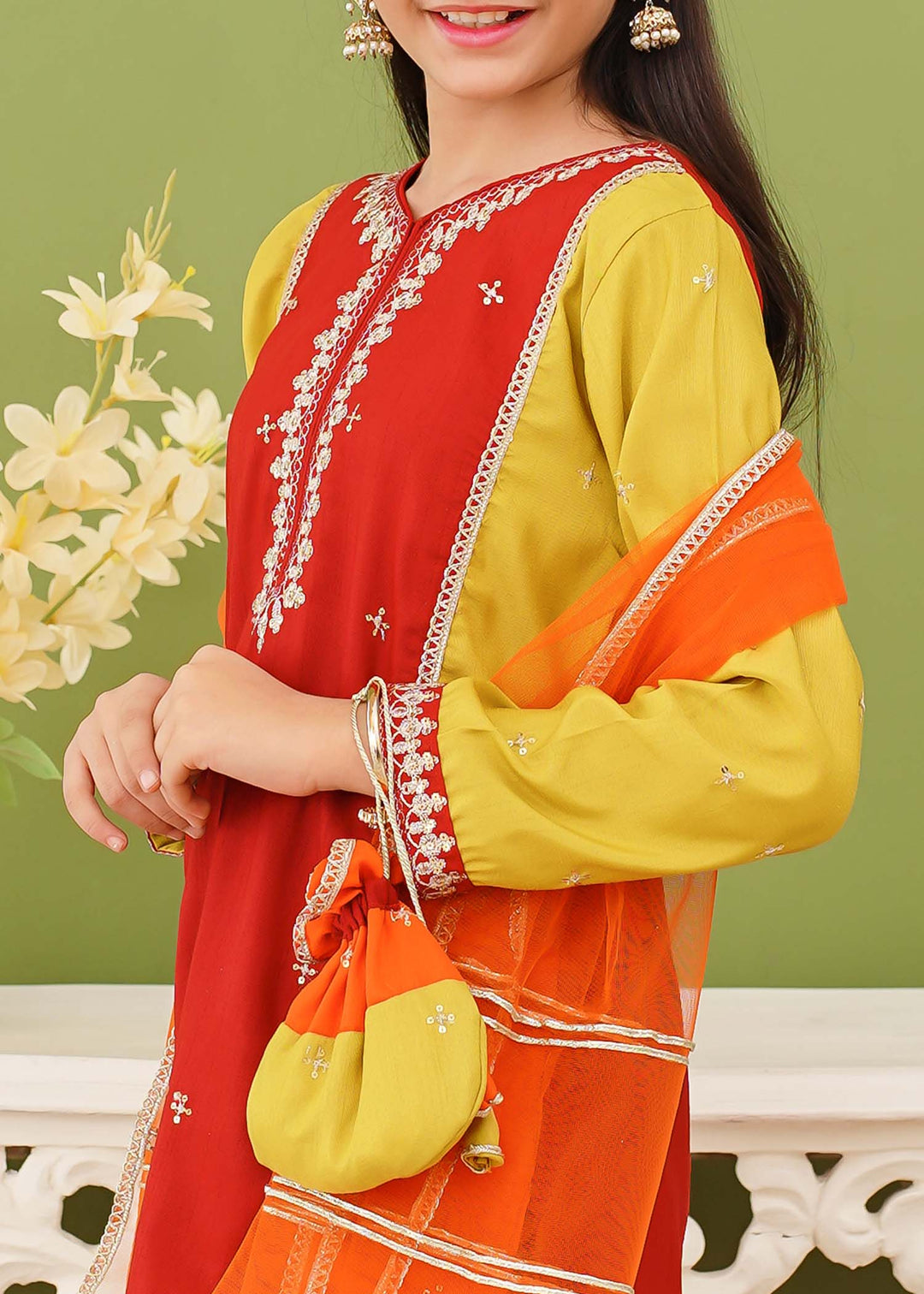 Modest - Rawsilk Embroidered Gharara For Girl - Multi - 3 Piece
