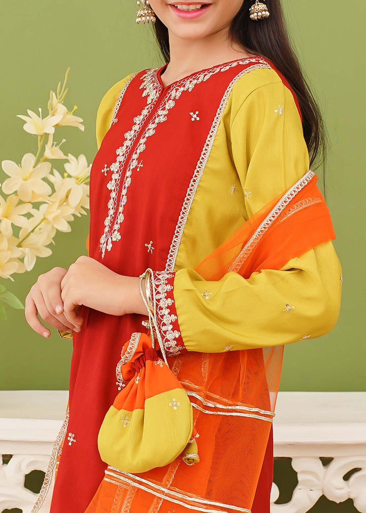 Modest - Rawsilk Embroidered Gharara For Girl - Multi - 3 Piece