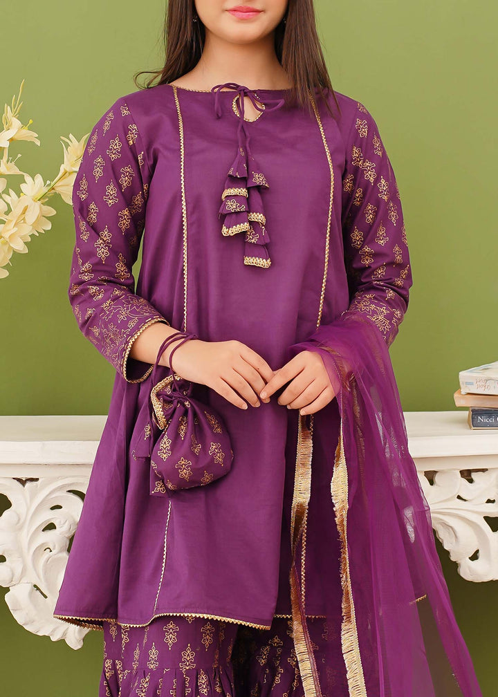 Modest - Cotton Printed Gharara For Girl - Purple - 3 Piece