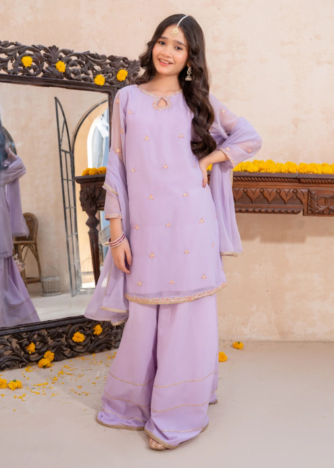 Modest - Lavender Crinkle Embroidered Suit For Girl - 3 Piece