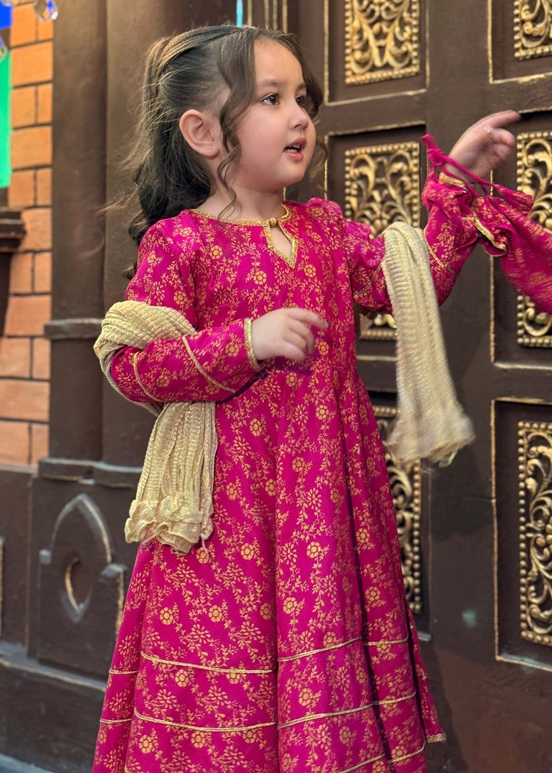 Modest - Rawsilk Printed Frock For Girl - Pink - 3 Piece