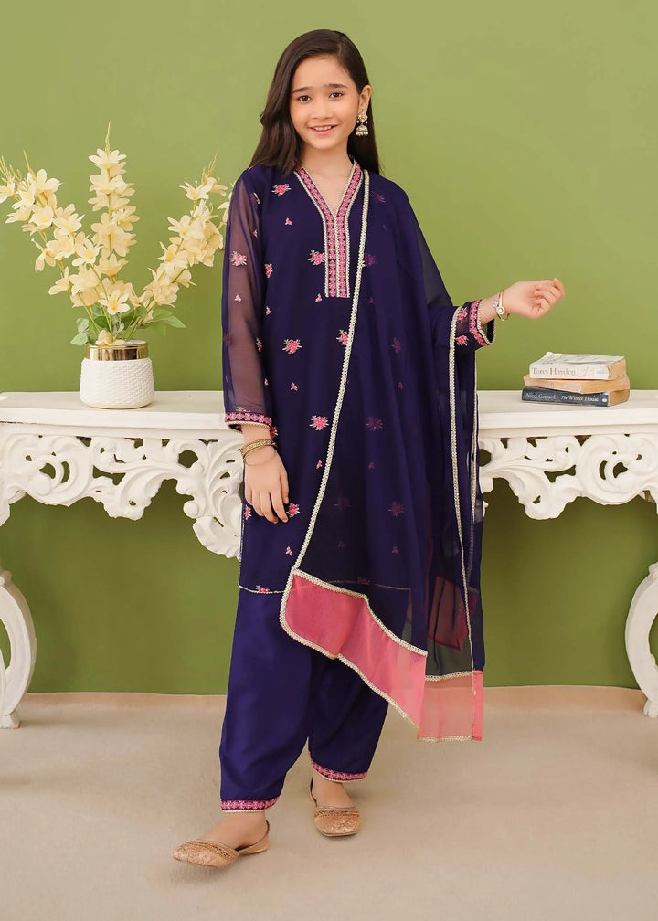 Modest - Chiffon Embroidered Suit For Girl - Blue - 3 Piece