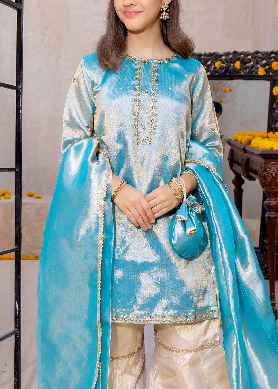 Modest - Blue Embroidered Maysuri Gharara For Girl - 3 Piece
