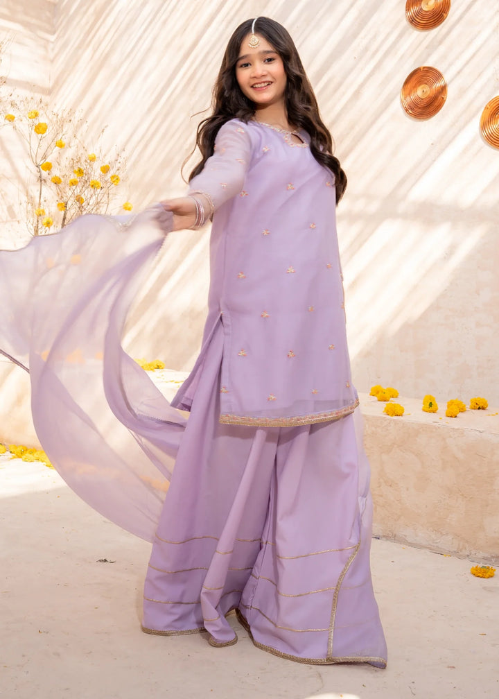 Modest - Lavender Crinkle Embroidered Suit For Girl - 3 Piece