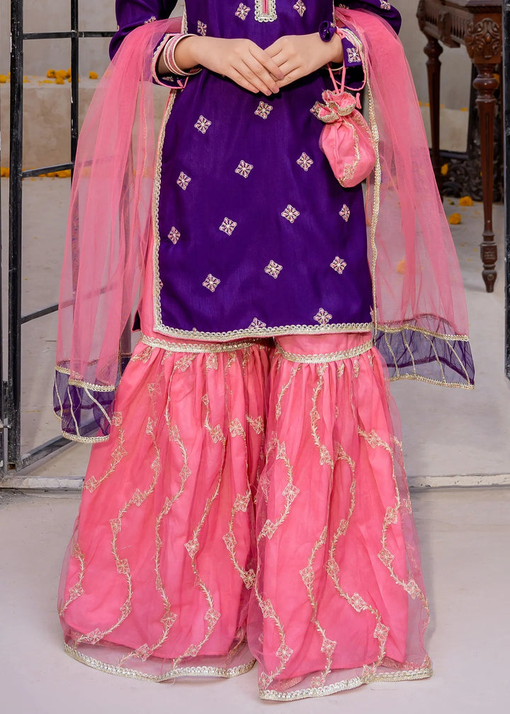 Modest - Rawsilk Embroidered Gharara For Girl - Purple - 3 Piece