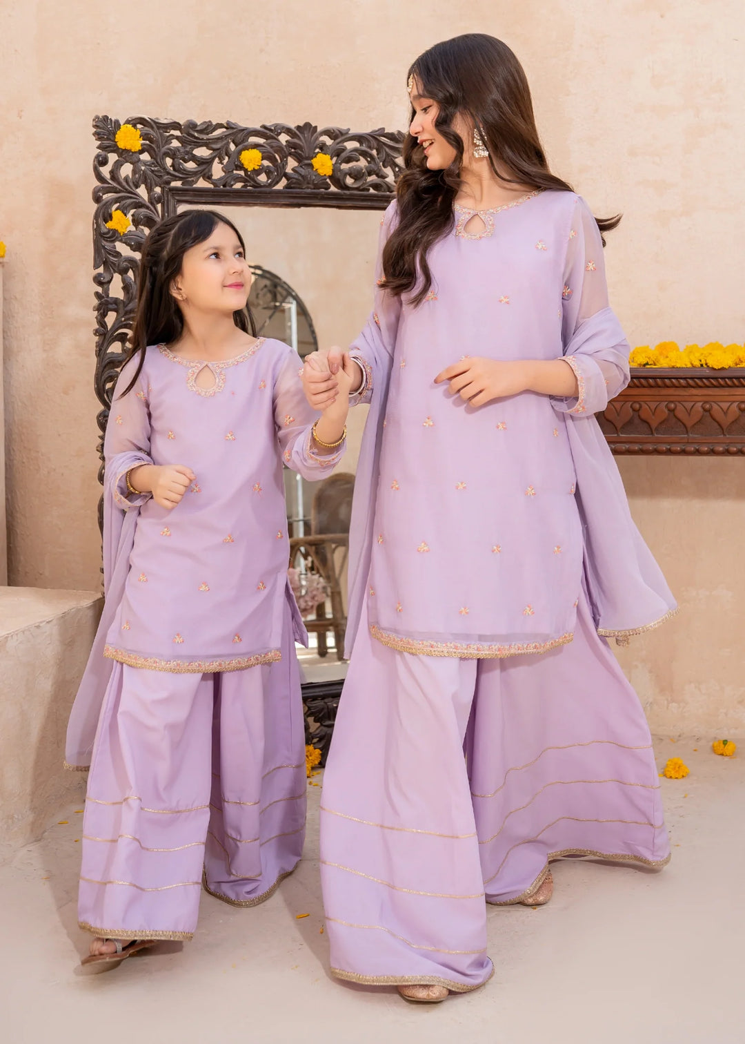 Modest - Lavender Crinkle Embroidered Suit For Girl - 3 Piece