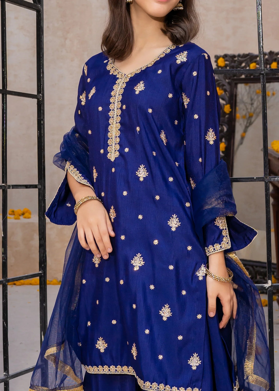 Modest - Blue Rawsilk Embroidered Gharara For Girl - 3 Piece