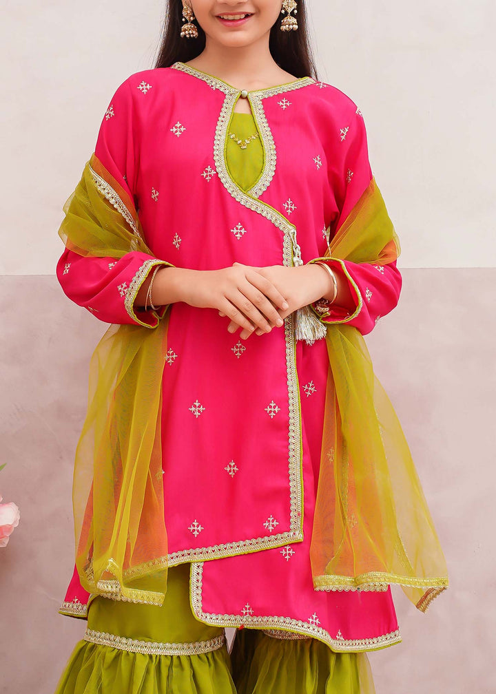 Modest - Rawsilk Embroidered Gharara Suit For Girl - Pink - 3 Piece