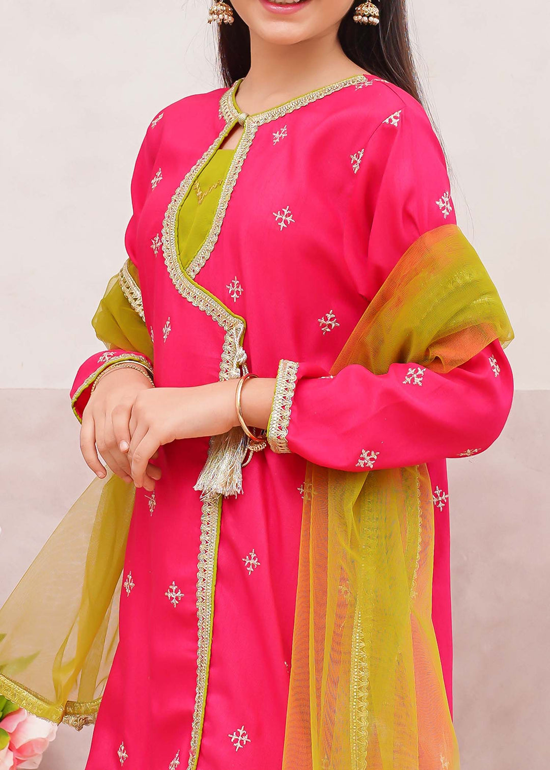 Modest - Rawsilk Embroidered Gharara Suit For Girl - Pink - 3 Piece