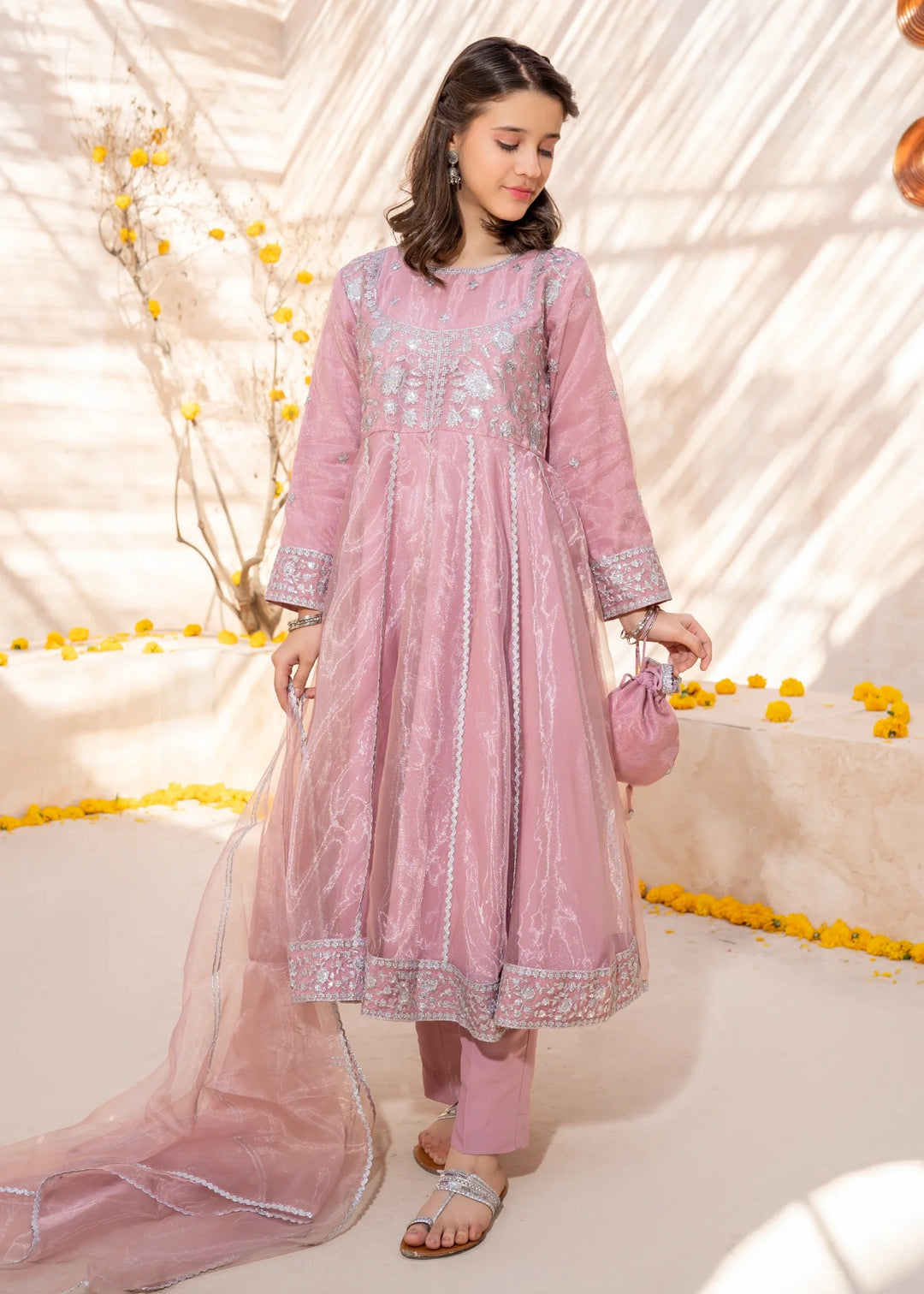 Modest - Tissue Pink Embroidered Frock For Girl - 3 Piece