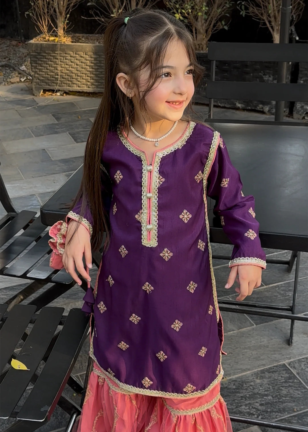 Modest - Rawsilk Embroidered Gharara For Girl - Purple - 3 Piece