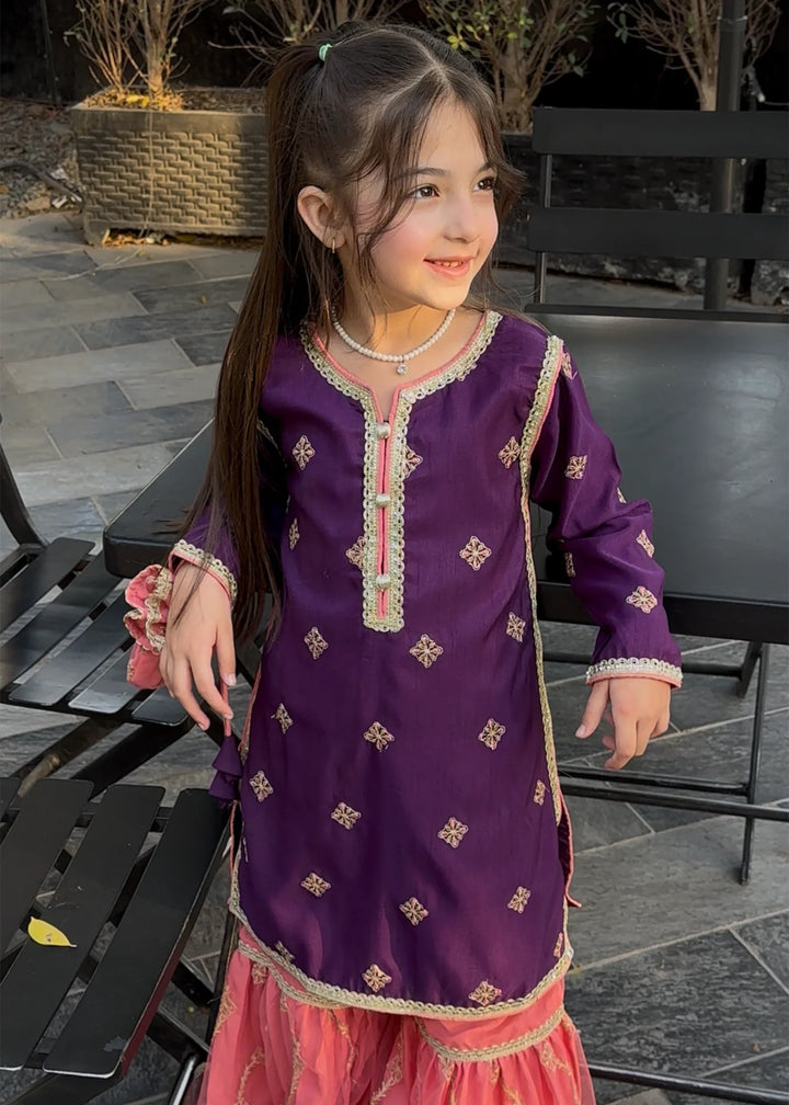 Modest - Rawsilk Embroidered Gharara For Girl - Purple - 3 Piece