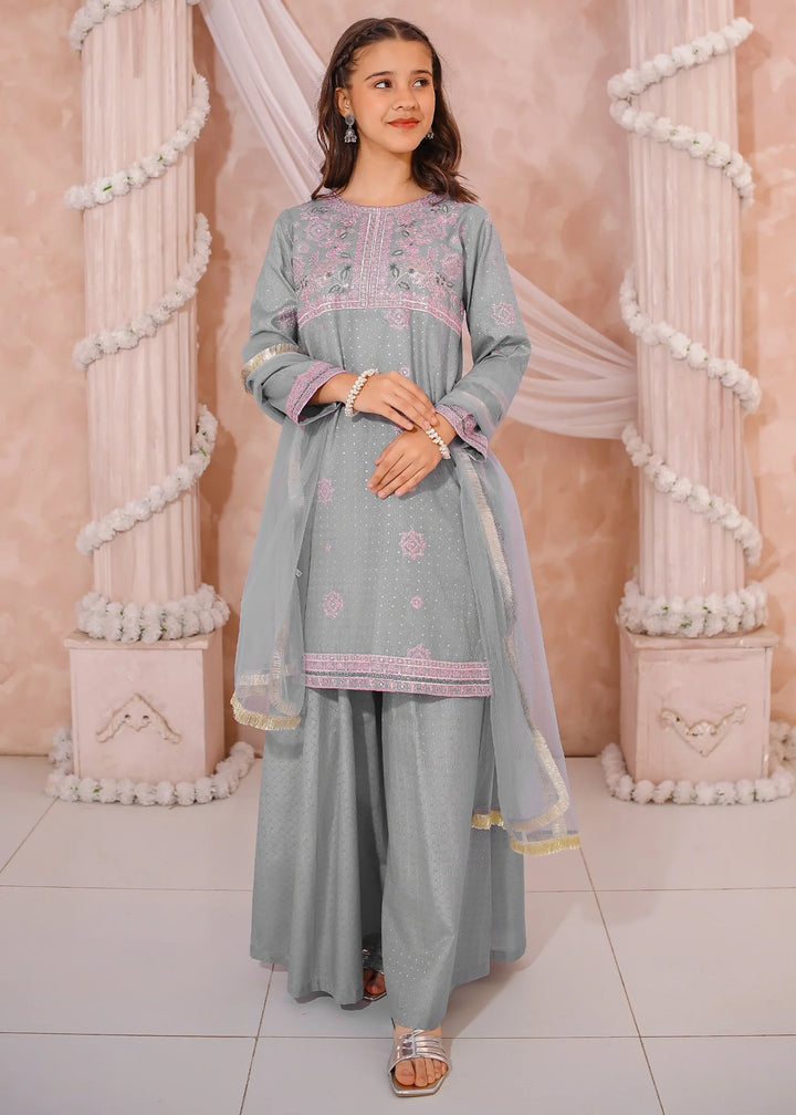 Modest - Cotton Lawn Embroidered Sharara For Girl - Grey - 3 Piece
