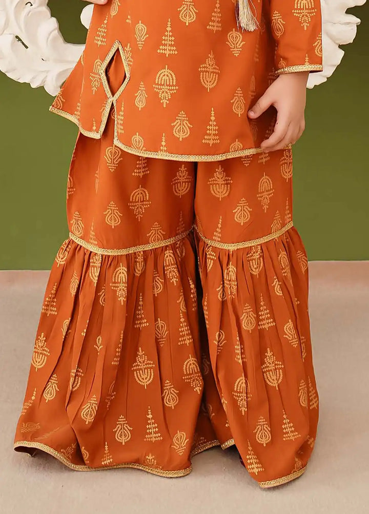 Modest - Cotton Printed Gharara For Girl - Mustard - 3 Piece