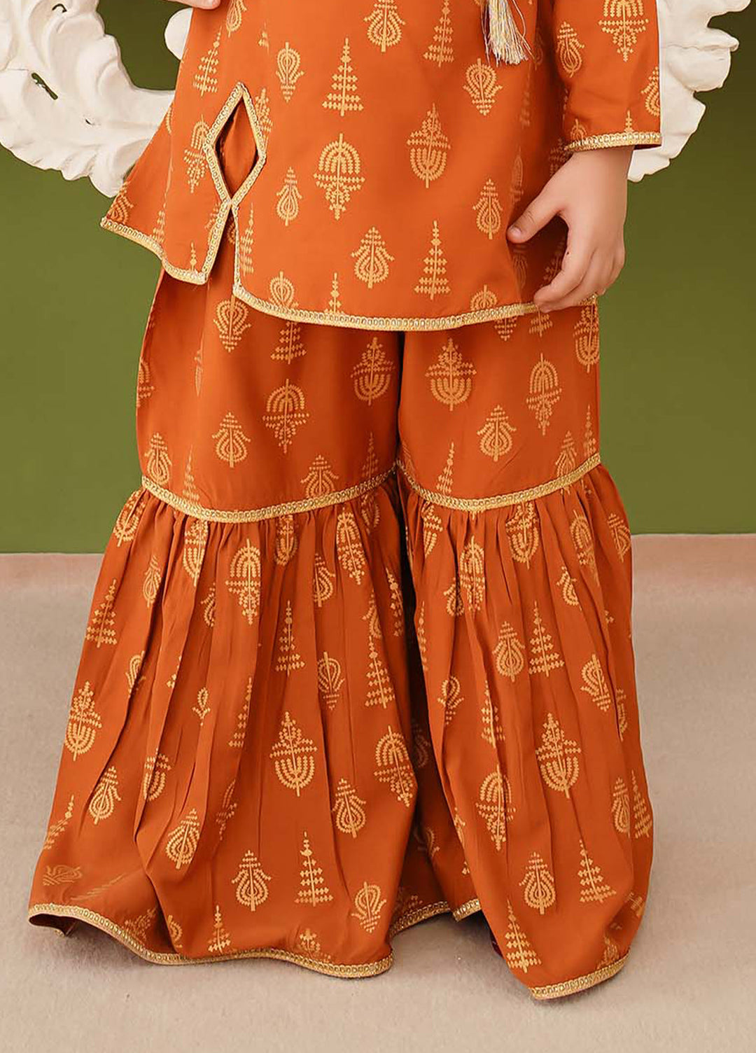 Modest - Printed Mustard Linen Gharara - Girls 3 Piece Suit
