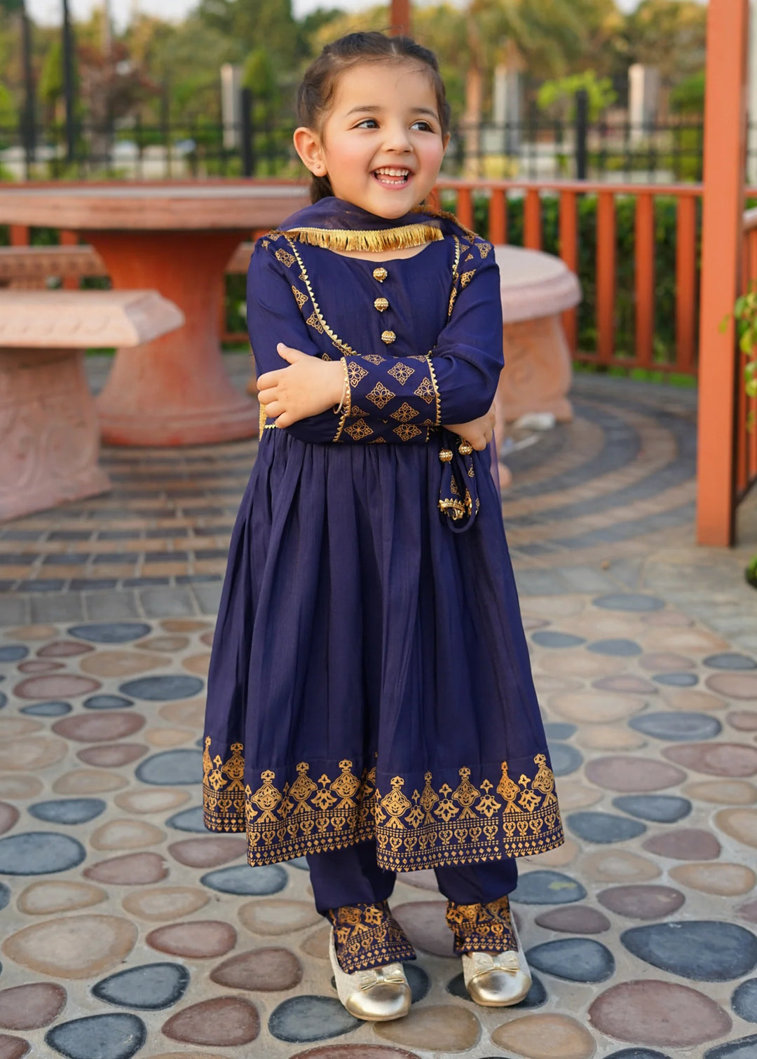 Modest 3 Piece Printed Rawsilk Frock Blue
