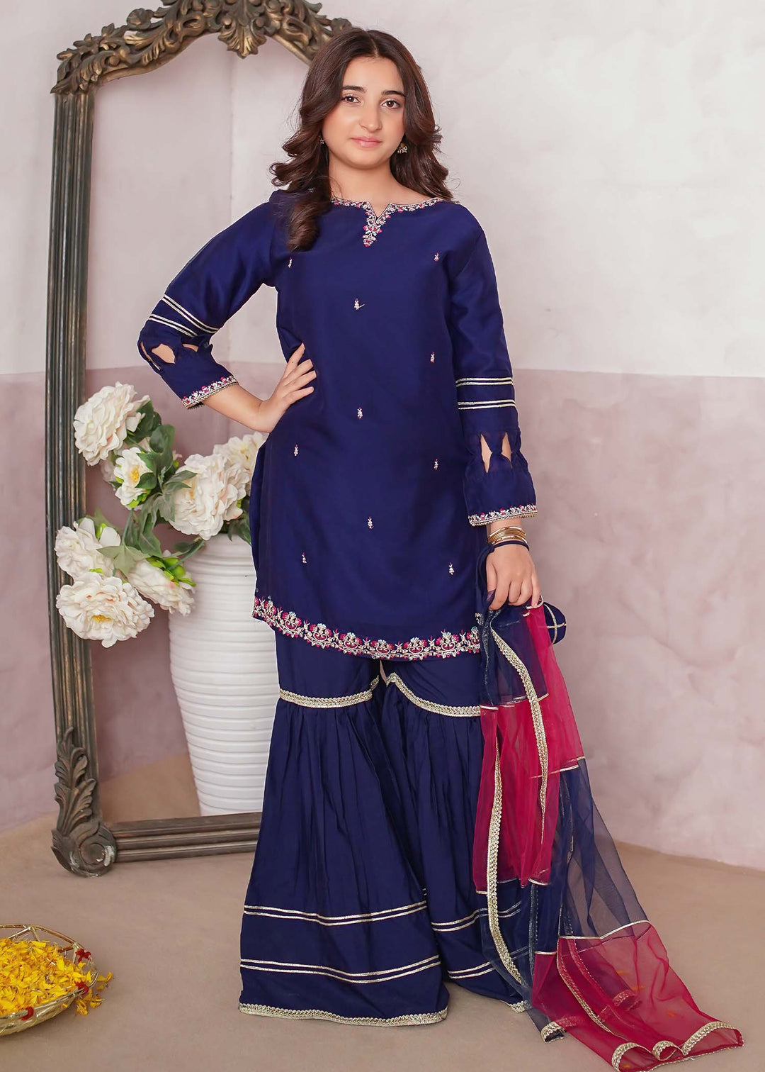 Modest - Chiffon Embroidered Gharara Suit For Girl - Blue - 3 Piece