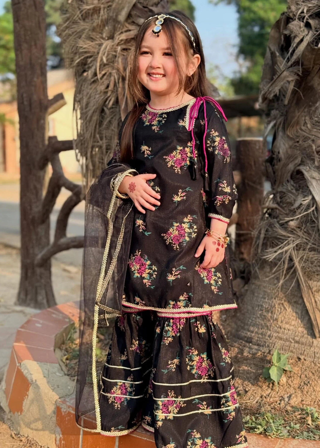 Modest - Printed Rawsilk Dress For Girl - Black - 3 Piece