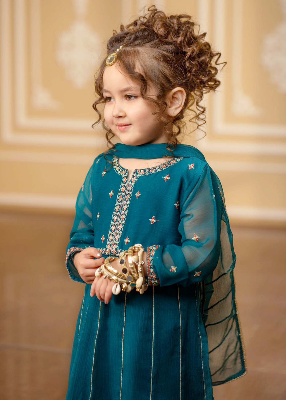 Modest - Embroidered Chiffon Suit For Girl - Teal Blue - 3 Piece