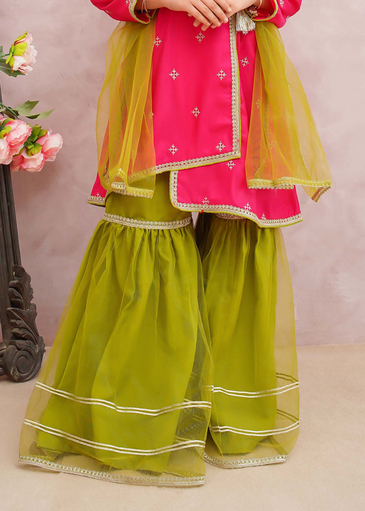 Modest - Rawsilk Embroidered Gharara Suit For Girl - Pink - 3 Piece