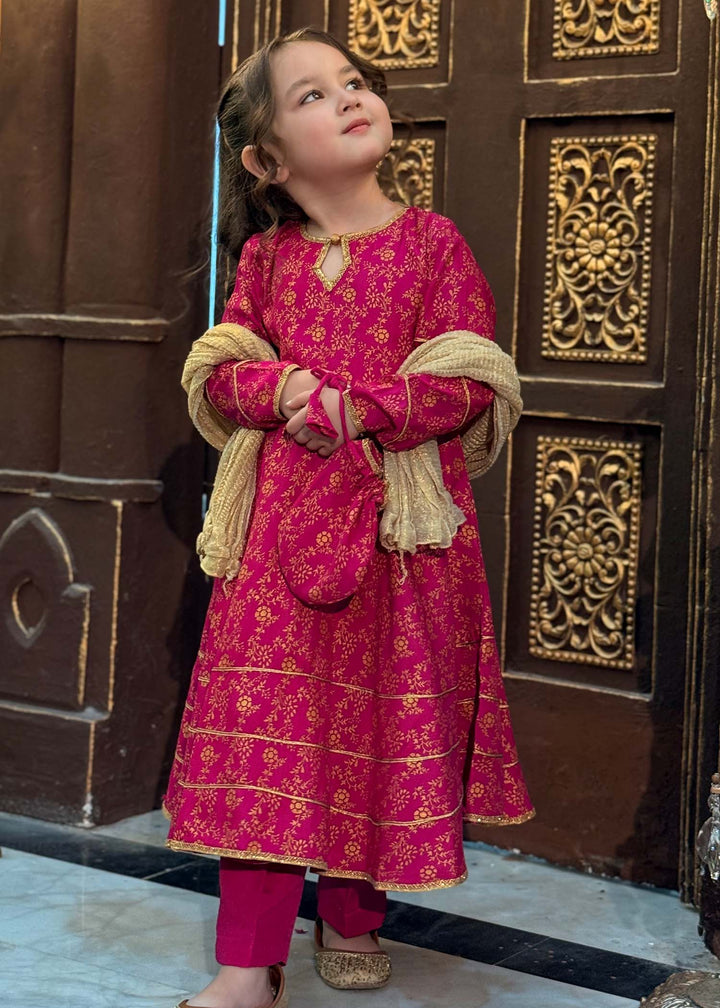 Modest - Rawsilk Printed Frock For Girl - Pink - 3 Piece