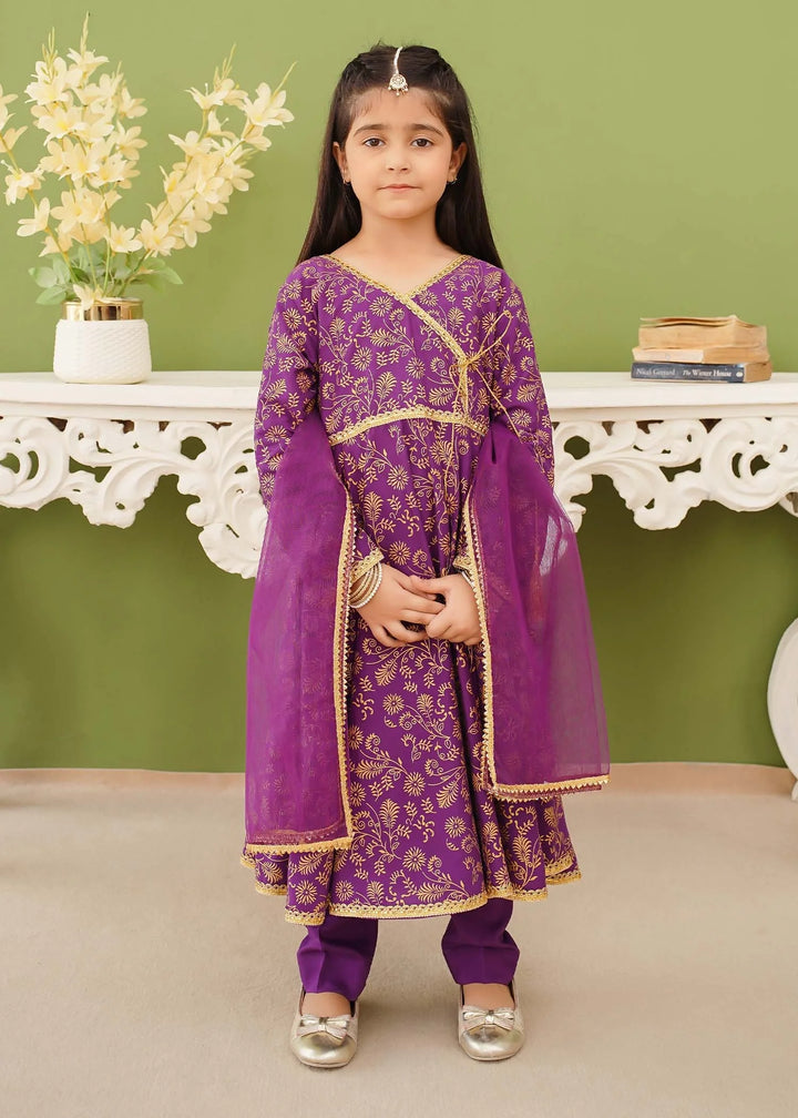 Modest - Cotton Printed Suit For Girl - Purple - 3 Piece