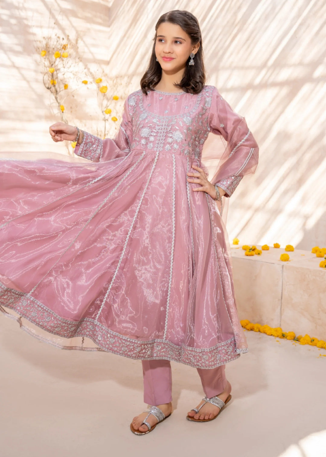 Modest - Tissue Pink Embroidered Frock For Girl - 3 Piece