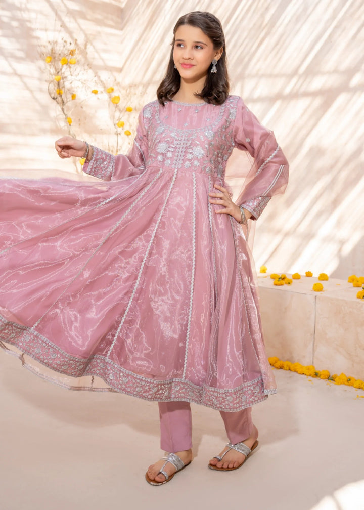 Modest - Tissue Pink Embroidered Frock For Girl - 3 Piece