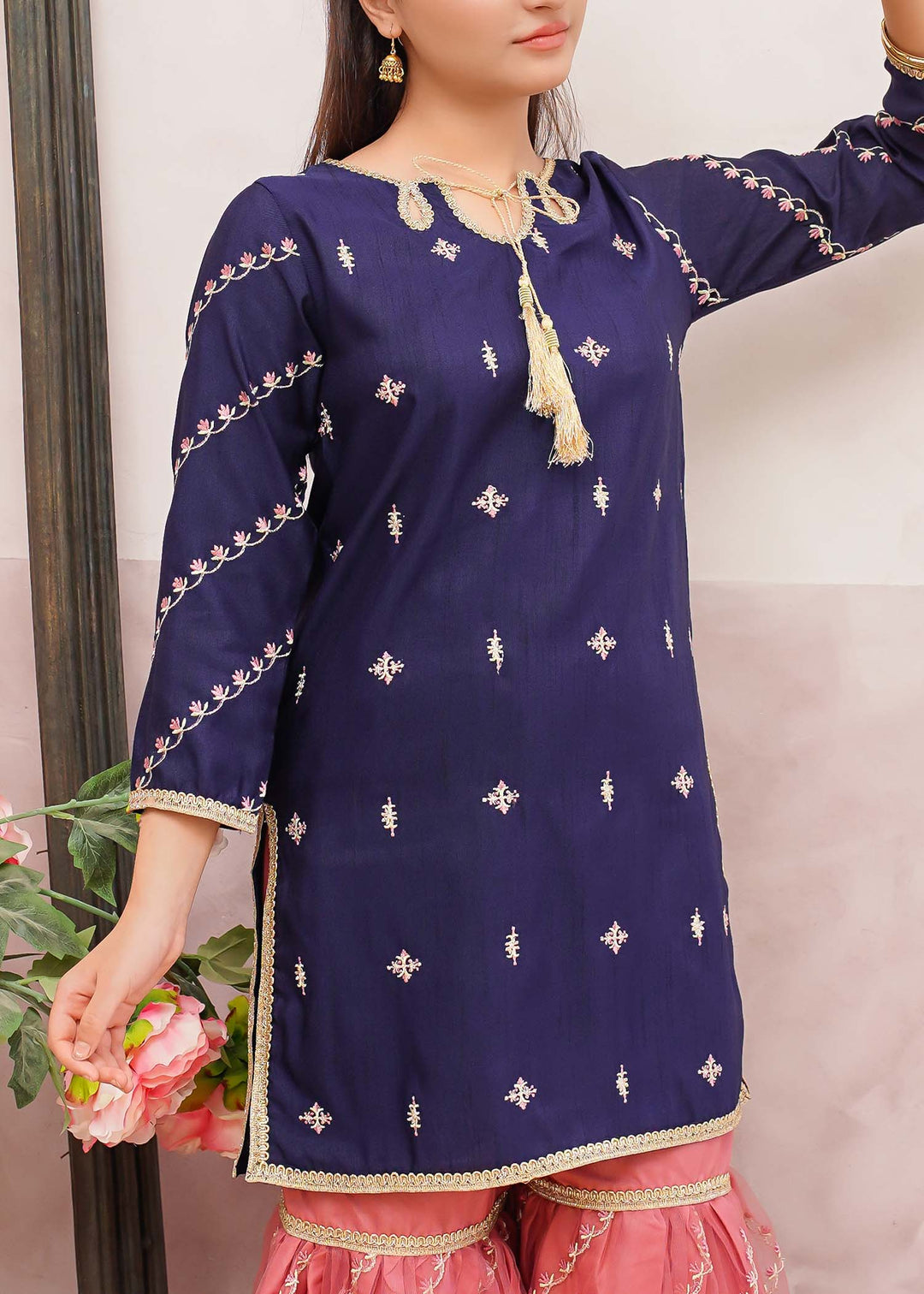 Modest - Rawsilk Embroidered Gharara For Girl - Blue - 3 Piece